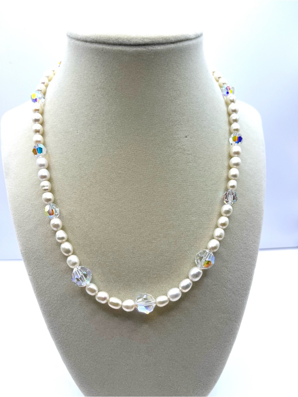 Vintage White Pearl Necklace with Iridescent Crystal Aurora Borealis Necklace